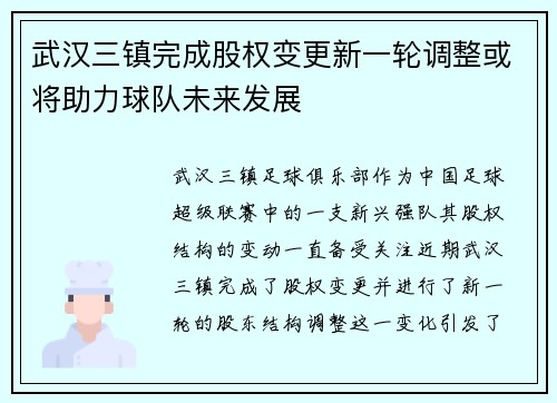 武汉三镇完成股权变更新一轮调整或将助力球队未来发展