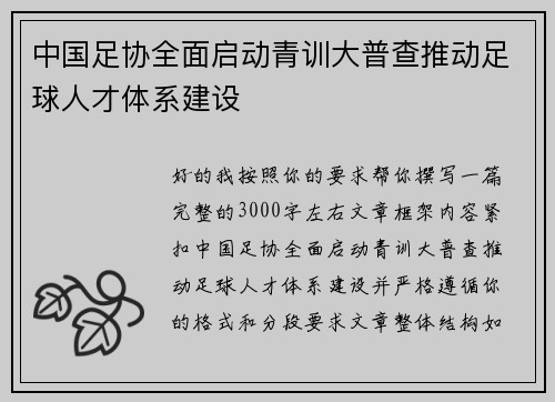 中国足协全面启动青训大普查推动足球人才体系建设 中国足协全面启动青训大普查推动足球人才体系建设
